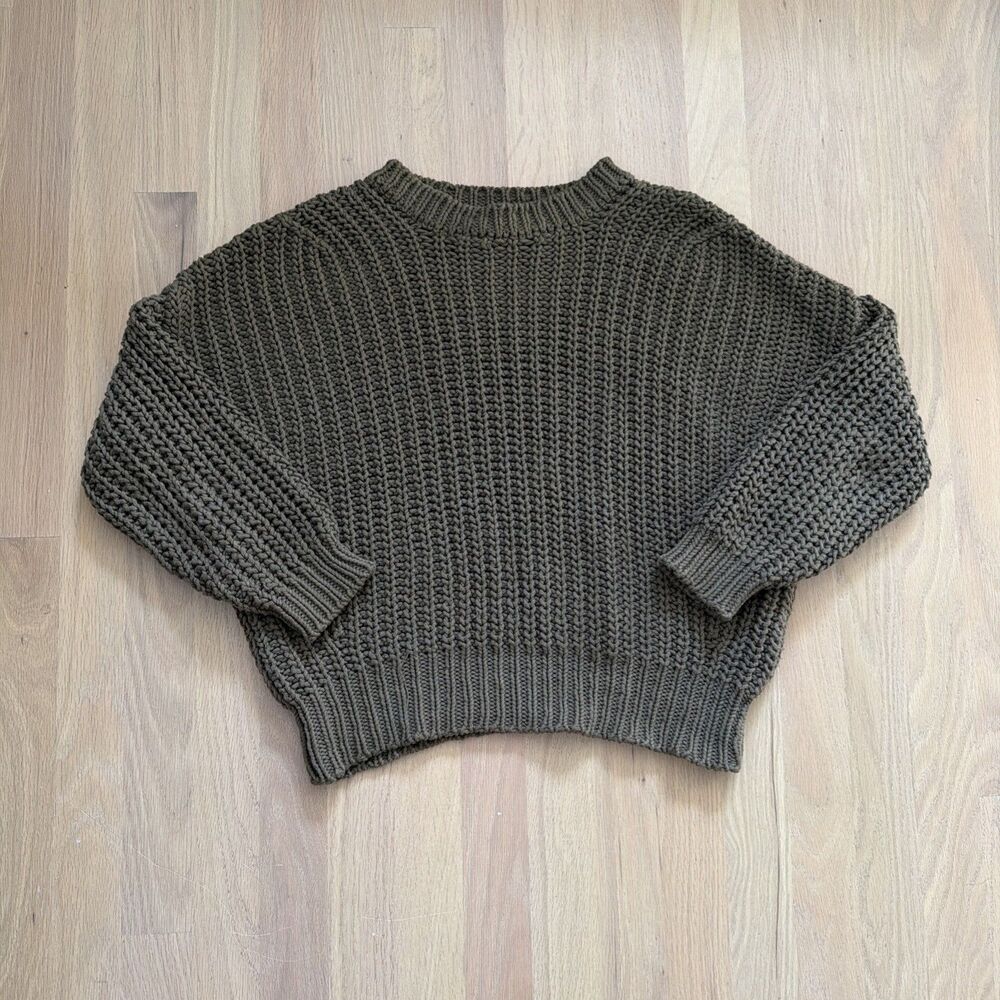 babaà No. 18 Cotton Ribbed Knit Crewneck Pullover Sweater Olive Green One Size